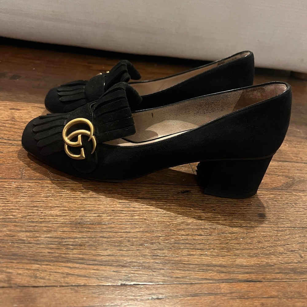 Gucci GG Marmont Fringe Block Heel Pumps Black Suede size 38.5